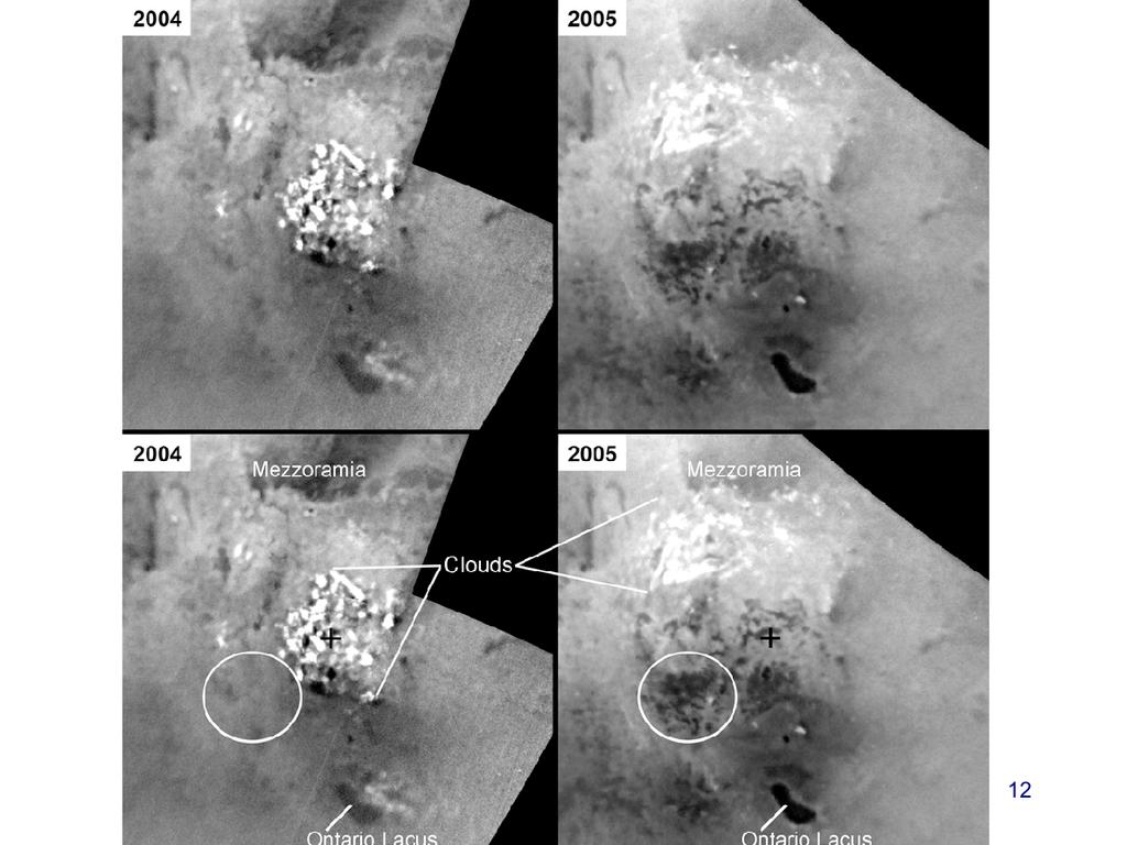 Her vises bilder tatt med ett års mellomrom mens Cassini har passert nær Titan. Vi ser skyer av metan i atmosfæren og merker oss at sjøer og våte felter av metan i områder nær skyene.