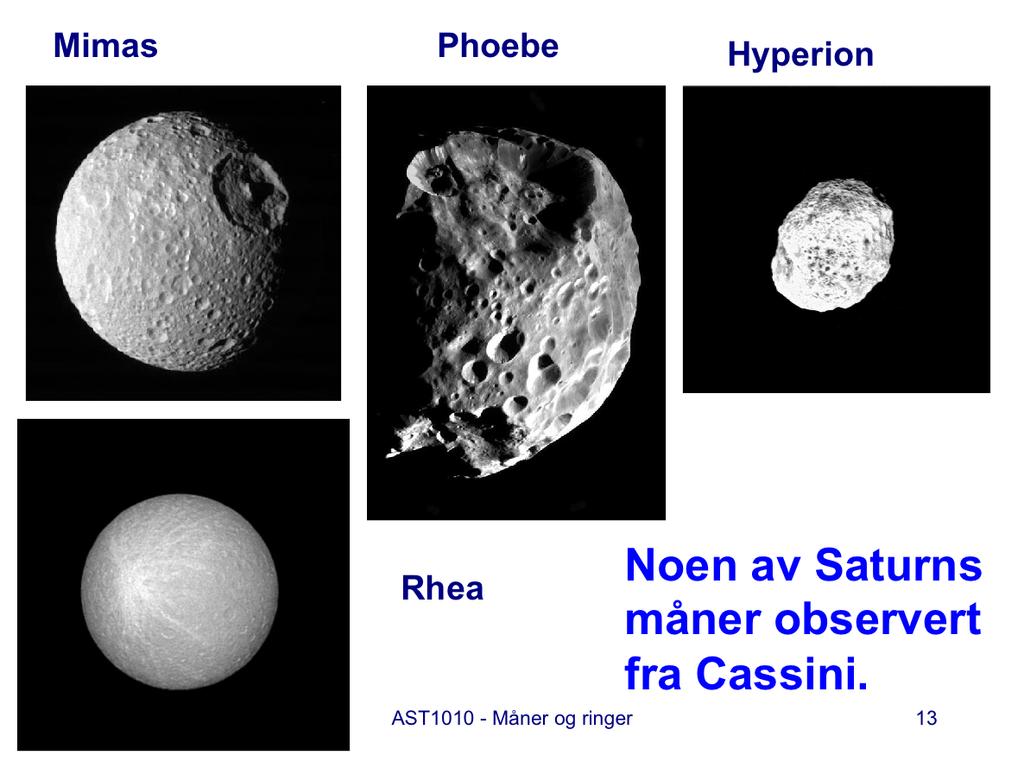 Her vises overflatene for noen av Saturns måner observert i de to siste år fra Cassini. Overflatene for de månene som er vist her har mange kratre.