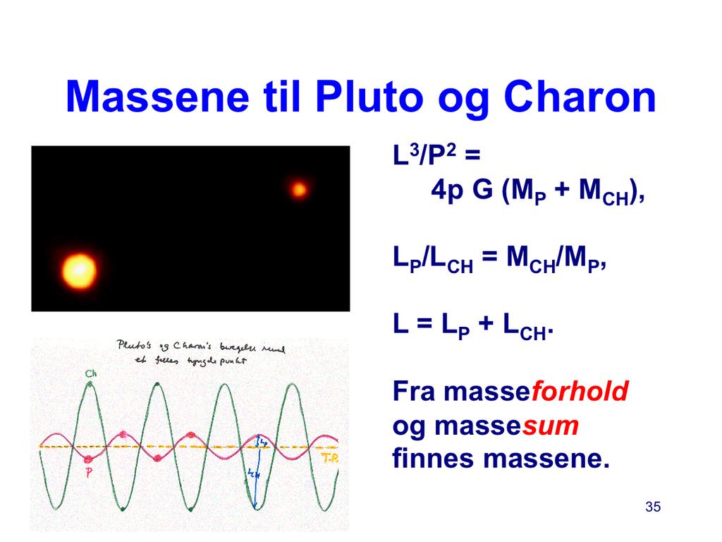 Vi omtaler først bestemmelsen av massene til Pluto og Charon. Vi husker Keplers 3dje lov i Newtons form: L 3 /P 2 = 4π G (M P + M CH ).