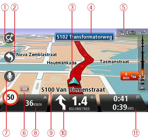 Kjørevisningen Om kjørevisningen Når TomTom-enheten starter første gang, vises kjørevisningen sammen med detaljert informasjon om gjeldende posisjon.