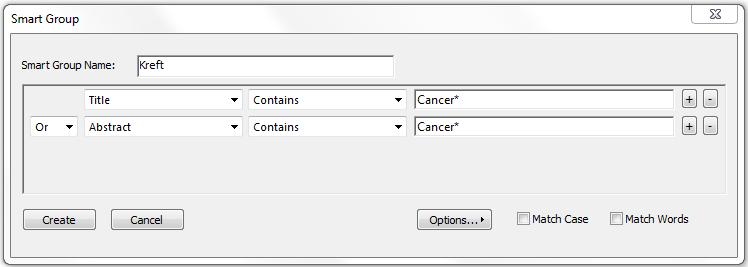 I dette eksempelet har jeg opprettet en smart gruppe som heter Kreft. Jeg har lagt inn en Alle referanser som inneholder Cancer* både i tittelen og i forordet.