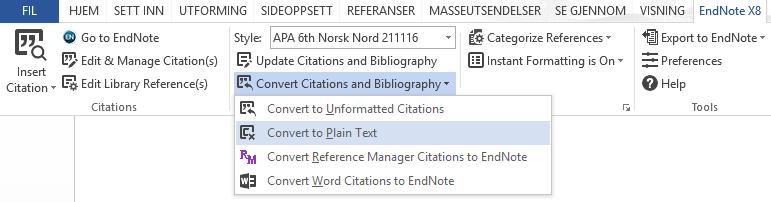 Fjerne EndNote-koblingen EndNote setter Cite While You Write-feltkoder inn i Word-dokumentet. Koblingen bør gjerne kuttes når du skal sende dokumentet fra deg.