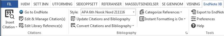 Redigere referanseliste Velg Bibliography på EndNote-menyen i Word. Standard er Format Bibliograpy. Velg Layout.