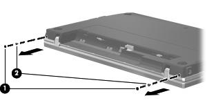 8. Fjern de to skruedekslene (1) og skruene (2) fra bakre kant av datamaskinen. MERK: Noen modeller har ikke skruedeksler eller skruer som må fjernes. 9.