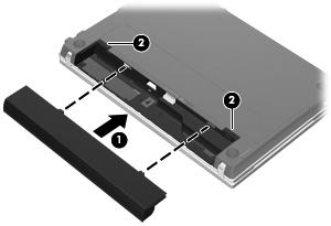 2. Skyv batteriet inn i batteribrønnen (1) til det sitter på plass. Batteriutløserne (2) låser automatisk batteriet på plass. Slik tar du ut batteriet: 1.