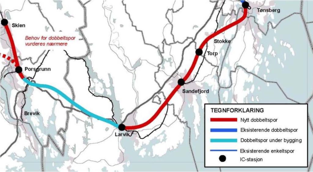Mål med forprosjektet Utrede muligheten for en fremtidsrettet dobbeltsporet jernbane gjennom Larvik med sentrum-nær stasjon, som tar hensyn til: