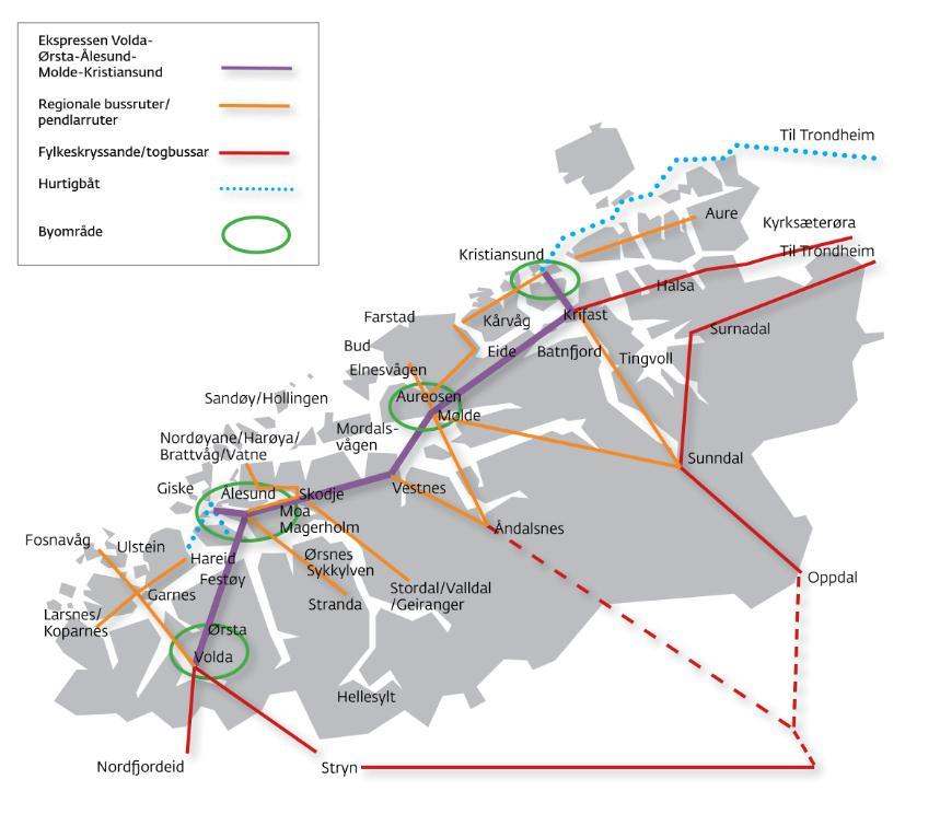 5 Rutestruktur Resultatmål: Ekspressruta Volda Ørsta-Ålesund-Molde-Kristiansund skal være navet i kollektivtilbodet i fylket. Fleire ruter skal knytast opp mot ekspressruta.