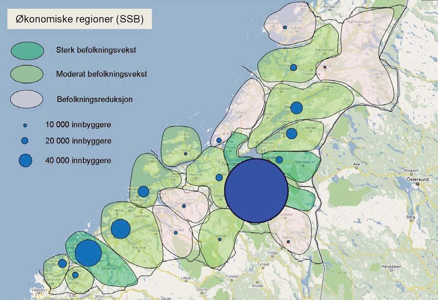 28 (57) TRANSPORTSTRØMMER OG UDEKKET TRANSPORTBEHOV Figur 14 Økonomiske regioner i Midt-Norge (SSB definisjon) En viktig strategi for å få mer attraktive regioner med vekst og utvikling, er å