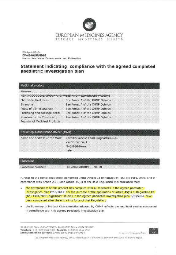 «Compliance Statement» ved sentral prosedyre (CP) Utstedes av EMA ved sentralt endrede/godkjente