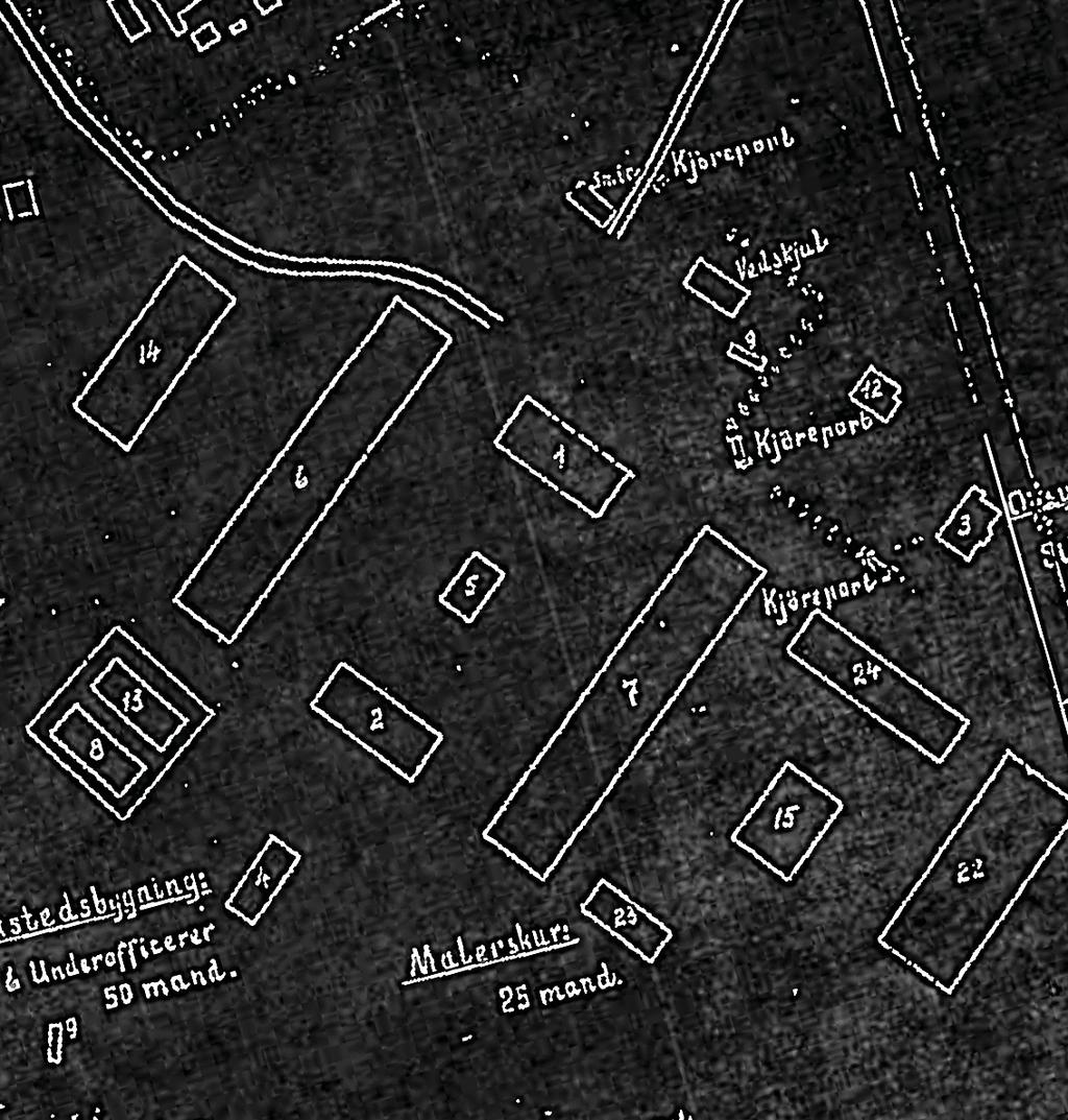 6.3 Magasinleiren anno 1918 K3 viser magasinleiren viderutviklet som militært anlegg. Planen viser anleggets utvikling med bla. garasjer og verkstedsbygg.