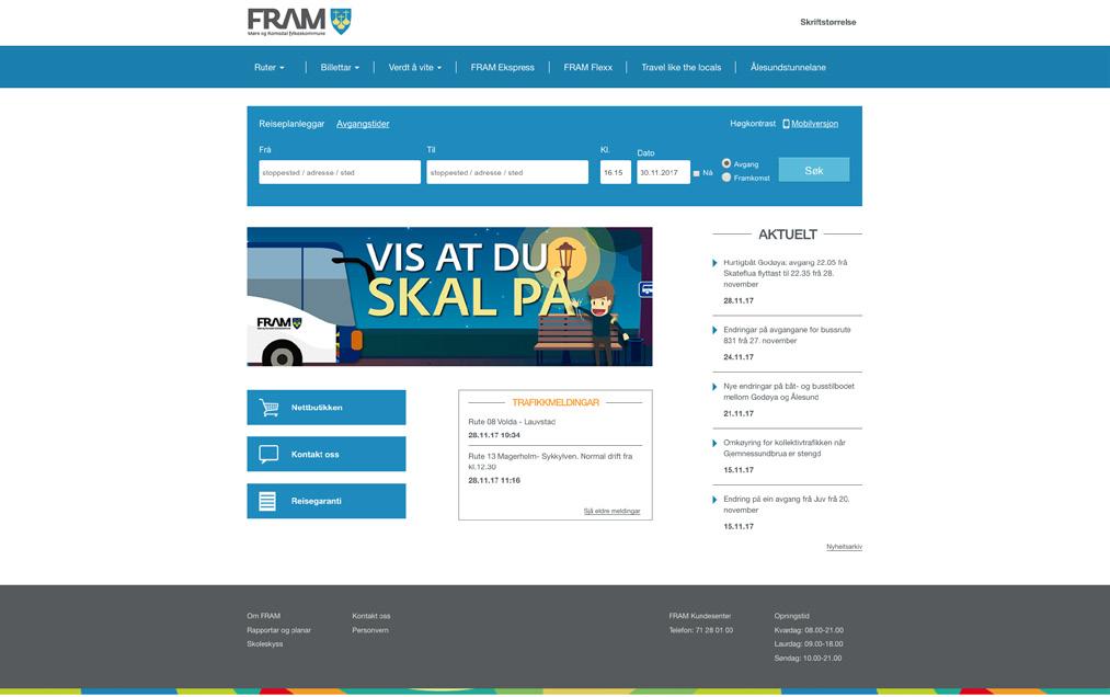 Informasjon om nettsida til FRAM Nettsida til FRAM har adressa frammr.no, og inneheld nyttig informasjon for deg som reisar kollektiv med buss, ferje og hurtigbåt i Møre og Romsdal fylke. På frammr.