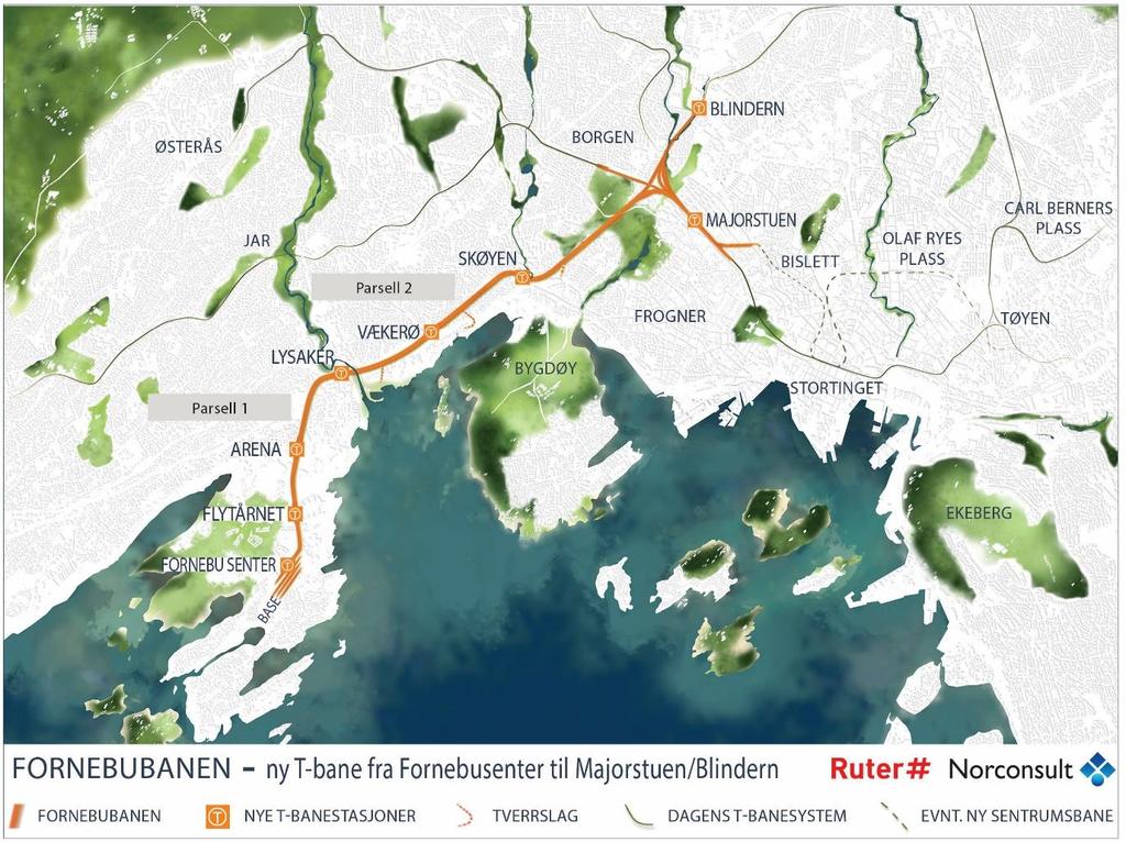 2 Beskrivelse av analyseobjektet 2.1 BESKRIVELSE AV PARSELL 2 Fornebubanen er planlagt som en moderne T-bane mellom Fornebu senter og Majorstuen. Banen er ca.