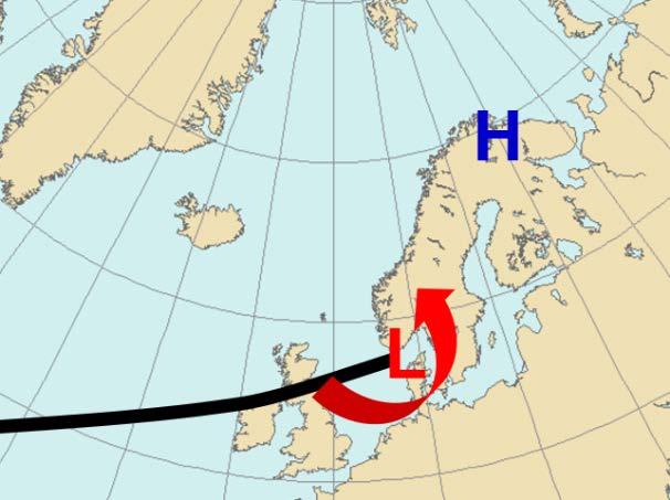 SØR-NORGE Det vanligste er at lavtrykkene kommer vestfra, passerer i nærheten av De Britiske Øyer, og inn mot vestkysten av Norge.