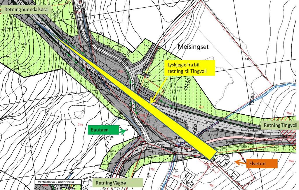 Bilde 5. Kart over Rv 70, kryss ved avkjøring til fylkesvei til Vågbø. Figuren viser hvordan visuell støy fra lyskjegle fra bil i kjøreretning mot Tingvoll.