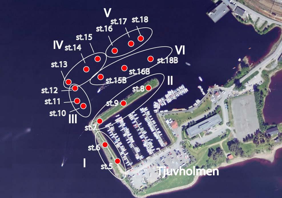 Figur 1. Hamar båthavn Tjuvholmen med prøvestasjoner (st. 5-18 samt 15B, 16B og 18B). Prøver fra de enkelte stasjonene ble slått sammen til samleprøver før analyser.