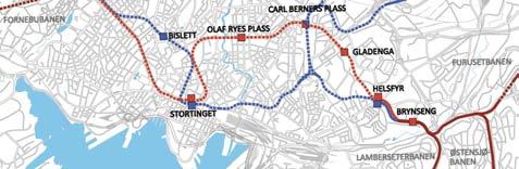 Linjer merket blått har ny tunnel mellom Majorstuen og Stortinget med videreføring i eksisterende fellestunnel.