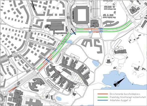 Som Figur 12 viser finnes det allerede i dag tilrettelagte kollektivfelt på Fornebu (benyttes i dag som busslommer), merket rødt.