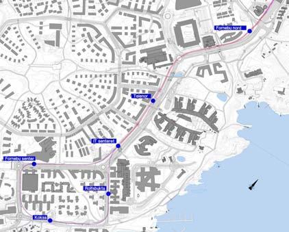Figur 18 Anbefalt automatbanetrasé på Fornebu På Fornebu er sløyfedriften foreslått innrettet slik at et automatbanetog fra Lysaker ved Propellen rundkjøring fortsetter bort til Fornebu Senter, for