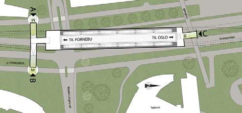 Figur 59 Stasjon ved Telenor Telenor Arena 1000 m fra Telenor ikke langt fra Oksenøyveikrysset, foreslås det anlagt en stasjon som hovedsakelig skal betjene Telenor Arena, K2-tomta samt boliger og