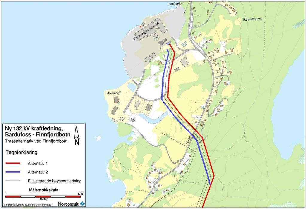 4.3.4 Innføring ved Finnfjordbotn Fra vestsiden av Djupvåg vil ny linje parallellføres med eksisterende trasé frem til Finnfjordbotn.
