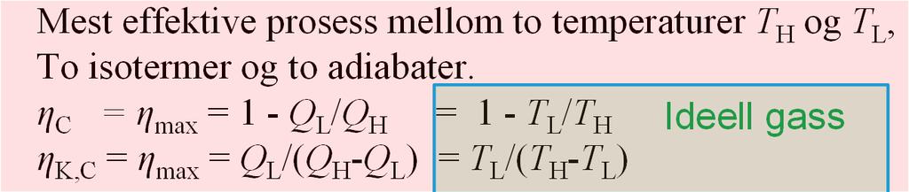 Kretsprosess: Start = slutt ΔU = 0 Q (netto) = W (netto) Virkningsgrad η = nytte/kostnad = W/Q inn Kjølefaktor (effektfaktor): η K = nytte/kostnad = Q inn / W Isokor: V=konst.