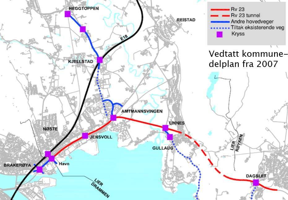 11 Kommunedelplan for Ytre Lier 2007 Planen ble vedtatt i 2007 med forslag om å koble ny rv, 23 til E18 i et kryss på Brakerøya.