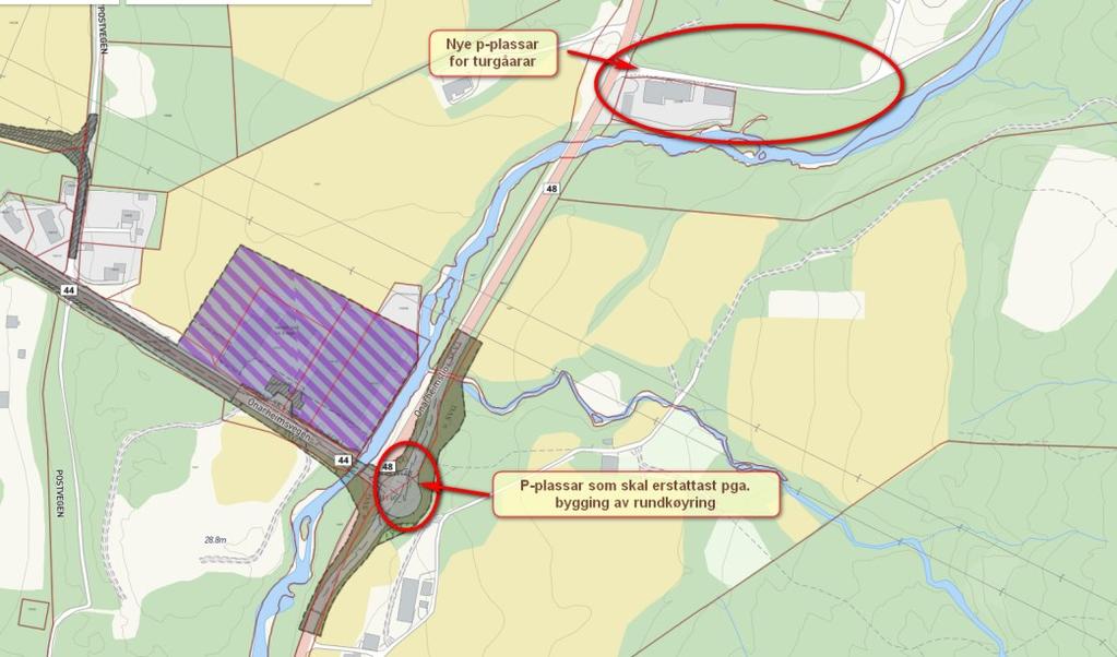 utfartsområde. Søknaden vert grunngitt med behov for å erstatta parkeringsplassar ved Hellandkrysset no som det skal byggast rundkøyring på dette arealet.