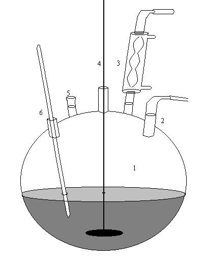 Apparaturskisse Figur 2 Apparaturskisse Oversikt over utstyr som benyttetes under forsøket: 1. Fem halset satsreaktor (500 ml) 14. Begerglass (1 stykk, 2.0 liter, 2stykk 100 ml) 2.