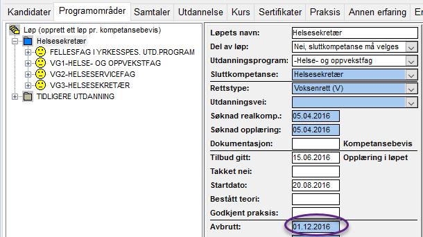 Disse datofeltene for fag er nødvendige grunnlagsdata for rapporter som omhandler fag. Her kan du også legge inn karakter for halvårsvurdering ( underveisvurdering ).