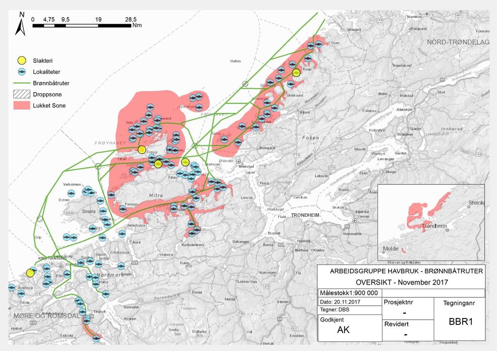 OVERSIKTSKART SØR-TRØNDELAG OG NORDMØRE Brønnbåtruter for slaktefisk gjeldende fra 22.11.