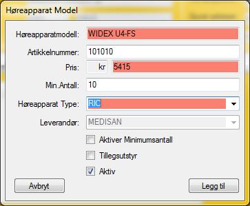 Registering av NY HØREAPPARATMODELL på LEVERANDØR Ved registrering av ny høreapparatmodell er feltene merket RØDT obligatoriske.