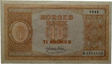 Sedler / banknotes 67 67 10 kroner 1945.