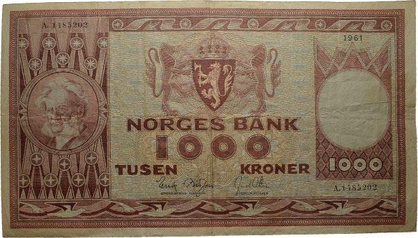 Sedler / banknotes 4.UTGAVE 76 1000 kroner 1961. A1485202 1 3 000 76 77 500 kroner 1956.