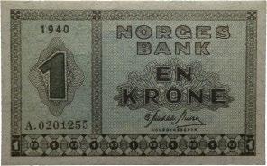 Sedler / banknotes 121 121 1 krone 1940. A0201255 0 350 122 1 krone 1944. G8345122 01 200 123 1 krone 1946.