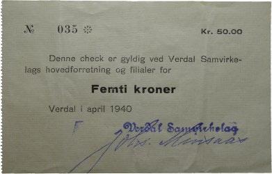 33 1-4 000 132 133 133 Verdal Samvirkelag, 50 kroner april 1940. Nr.35. UNIK/UNIQUE RN.