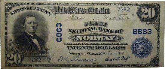Sedler / banknotes U.S.A. 187 First National Bank of Norway, Norway, Michigan, 20 dollars 1903.
