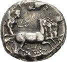 Antikke mynter 679 679 SICILIA, Gela, 415-405 f.kr., tetradrachme (16,51 g). Quadriga mot høyre/forpart av okse med menneskehode mot høyre S.806 1+ 15 000 Ex.
