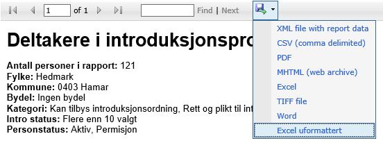 Lagre rapporter i andre format Det er mulig å eksportere rapportene til andre formater, for eksempel Excel uformattert. Excel uformattert gir mulighet til ytterligere filtrering dersom ønskelig.