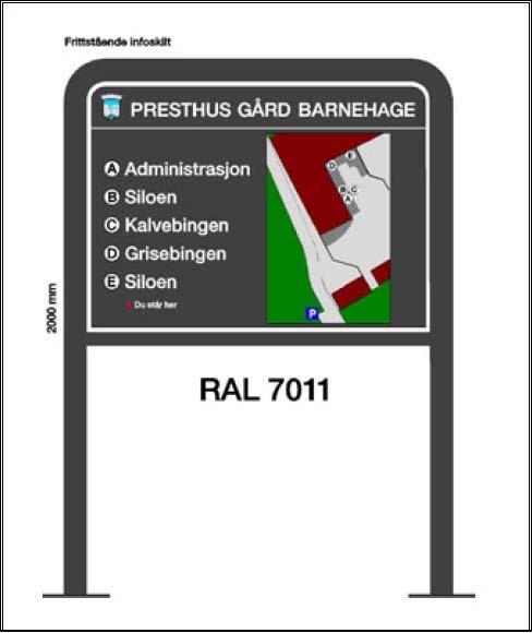 3. Anvisningsskilt Bilde 4 Anvisningskilt Utforming: Området rundt et anvisningsskilt bør være godt opplyst. Der det skal monteres lys på anvisningsskilt bør belysningskilden ha lysstyrke 50 lux.