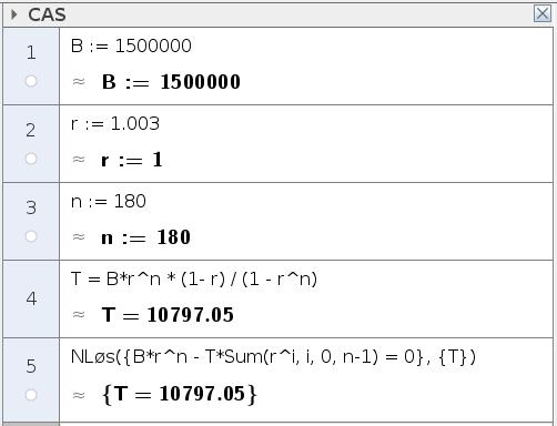 Figur 4: Svar på oppgave a, del. Vi må finne S(n) når n = 1 5. Se figur 5 for utregning i Geogebra, svaret blir S(60) = 17089 kroner.