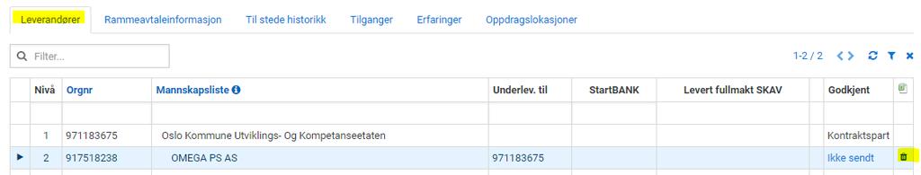leverandørlisten Fjern alle brukere under fanen Tilganger/Brukertilganger.