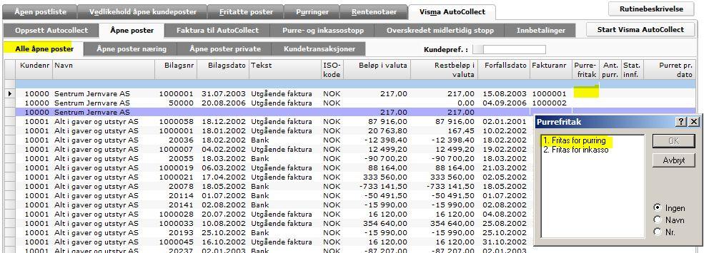 Sette Purrefritak eller Inkassofritak på fakturanivå 3 Purrefritak settes i Åpne Poster. Finn fakturaen og dobbeltklikk på Purrefritak, og velg 1. Fritas for purring.