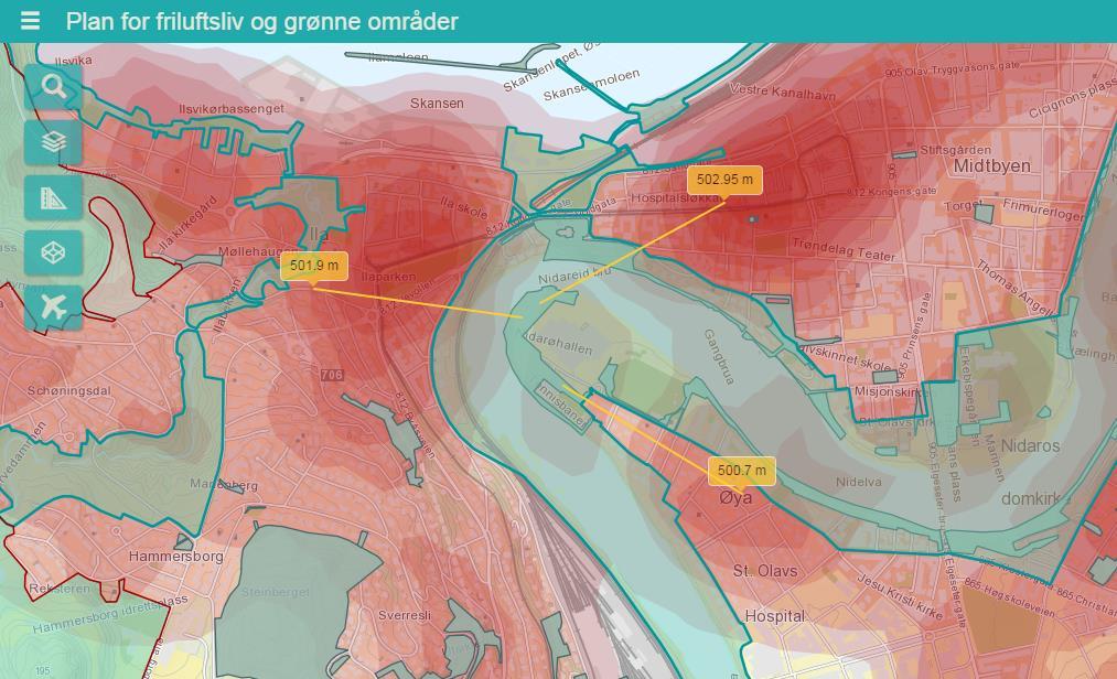 Kart med befolkningstetthet og nærhet til Nidarø Figur 1: Utsnitt av plan for friluftsliv og grønne områder i Trondheim.