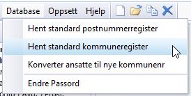 Velg Database og Hent standard kommuneregister 3. Kjør menyvalget over «Konverter ansatte til nye kommunenr». Da slipper du manuelt å gå igjennom de ansatte for å endre dette.