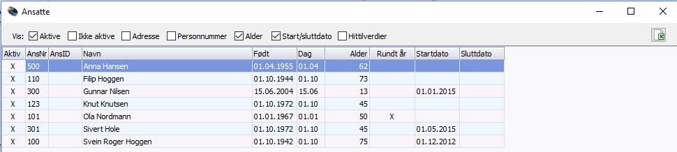 Her har du flere valg på hvilke kolonner som blir med i Excel.