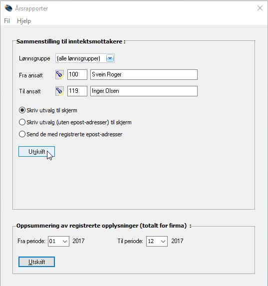 Du kan velge å skrive ut pr lønnsgrupper eller alle samtidig.