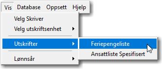 6. Feriepengeliste Skriv ut feriepengeliste for i fjor. Denne kan skrives ut fra hovedvinduet i Harmoni. Klikk på Vis, Utskrifter og Feriepengeliste som vist under. 7.