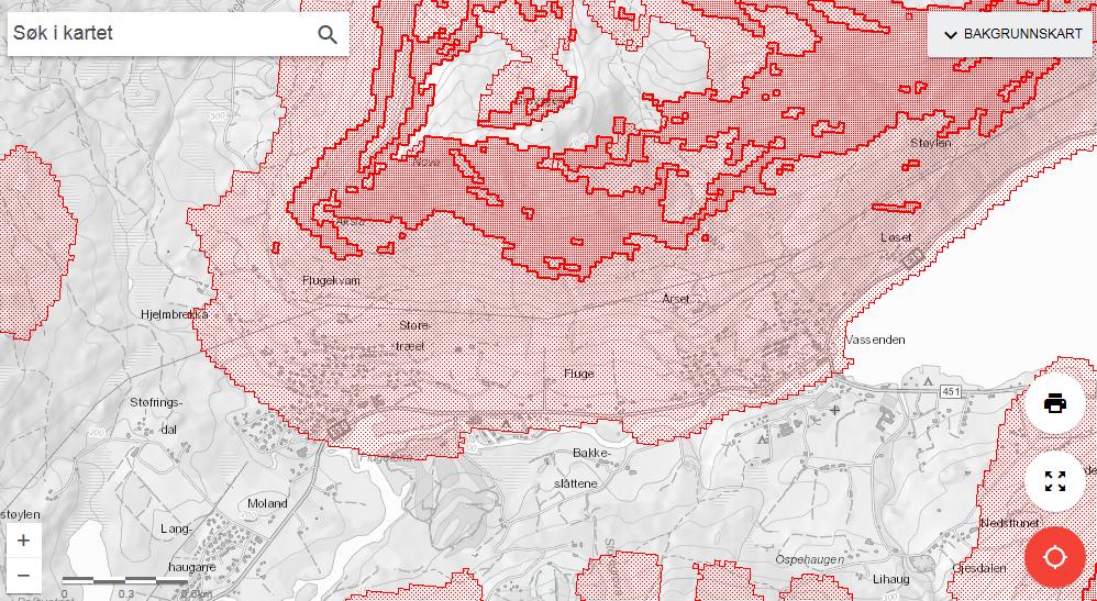 Aktsemdskartet for snøskred (Figur 13) viser at heile planområdet ligg innanfor modellert utløpsområde, med fjellsida under Nova og Gravsfjellet som