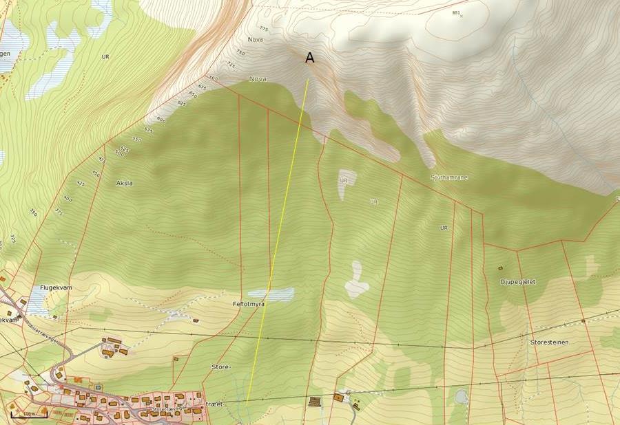 Figur 17: Profil A «Smiehogen» (gul linje) frå potensielt utløysingspunkt (A) for steinsprang i den bratte hammaren i austre fjellsida. Basert på kart frå Statens kartverk.