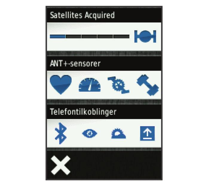Vise siden for tilkoblinger Siden for tilkoblinger viser status for satellittsignaler, sensorer med ANT+ og smarttelefonen. Gå til skjermbildet Hjem, og velg statuslinjen øverst på siden.